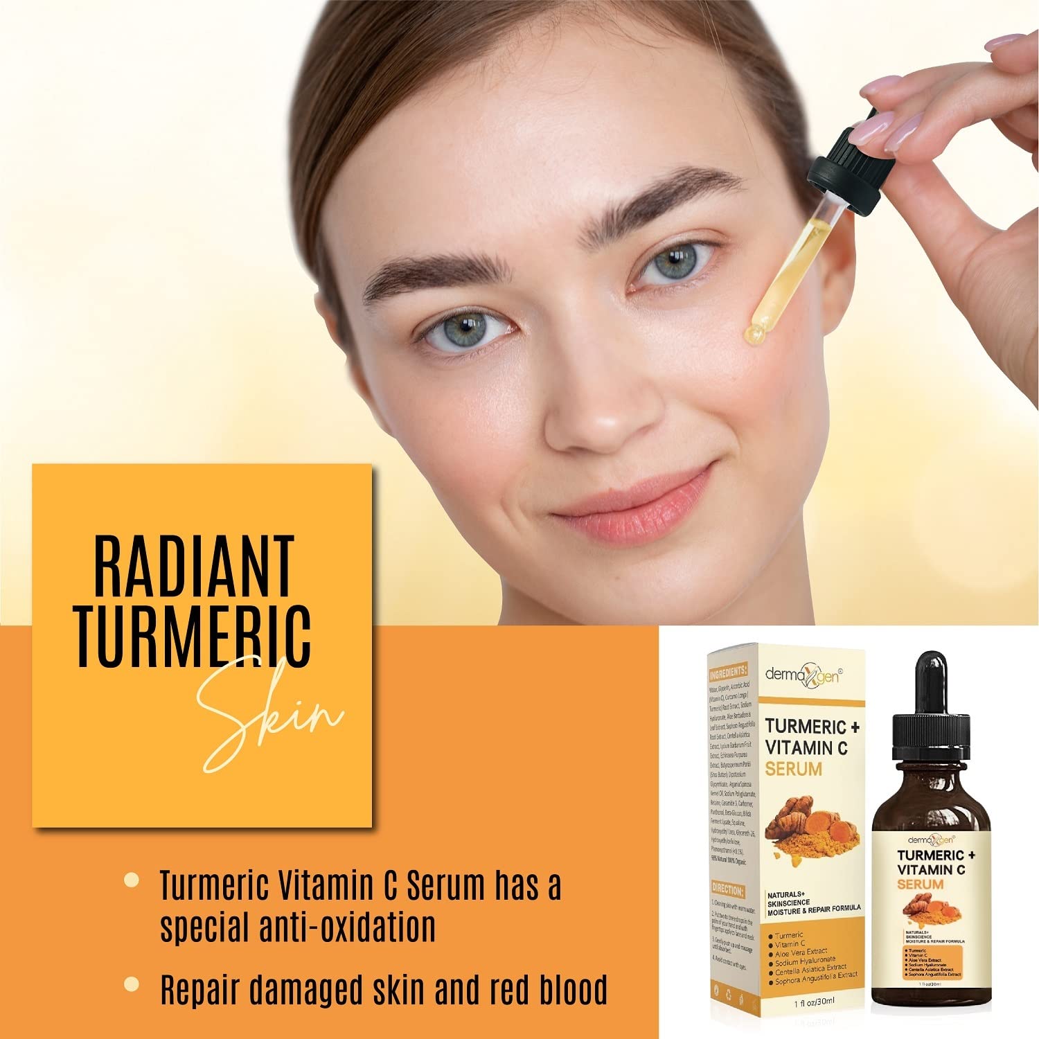 DERMAXGEN Turmeric Serum bottle exudes a golden glow for brighter, even skin.