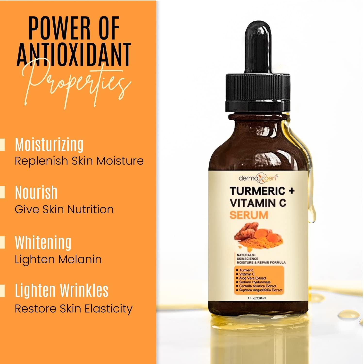 DERMAXGEN Turmeric Vitamin C Serum label closeup emphasizes organic ingredients.