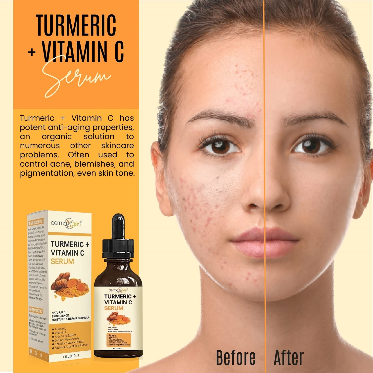 DERMAXGEN Turmeric Serum packaging box signals premium skincare.