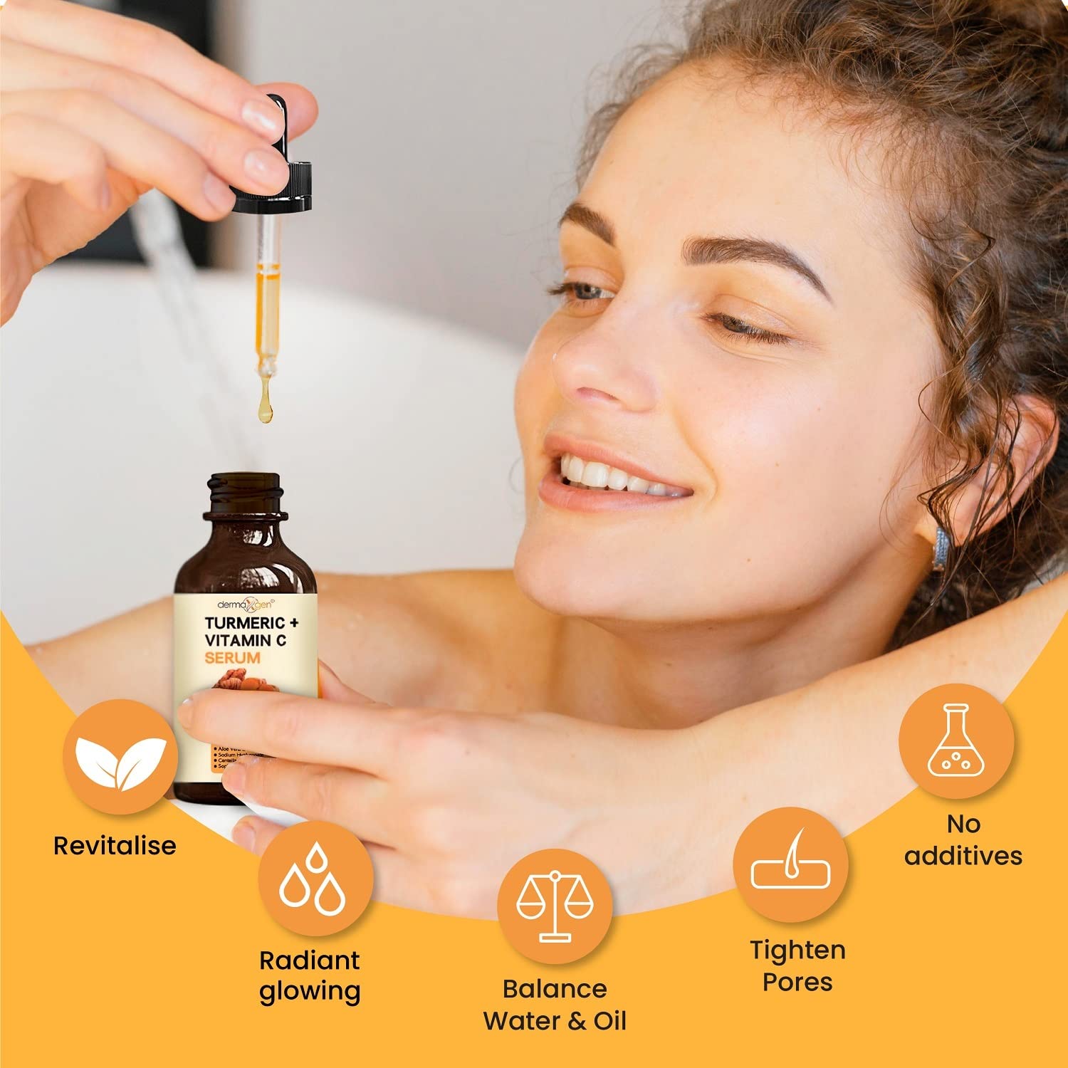 DERMAXGEN Turmeric Serum pump application demonstrates easy daily use.