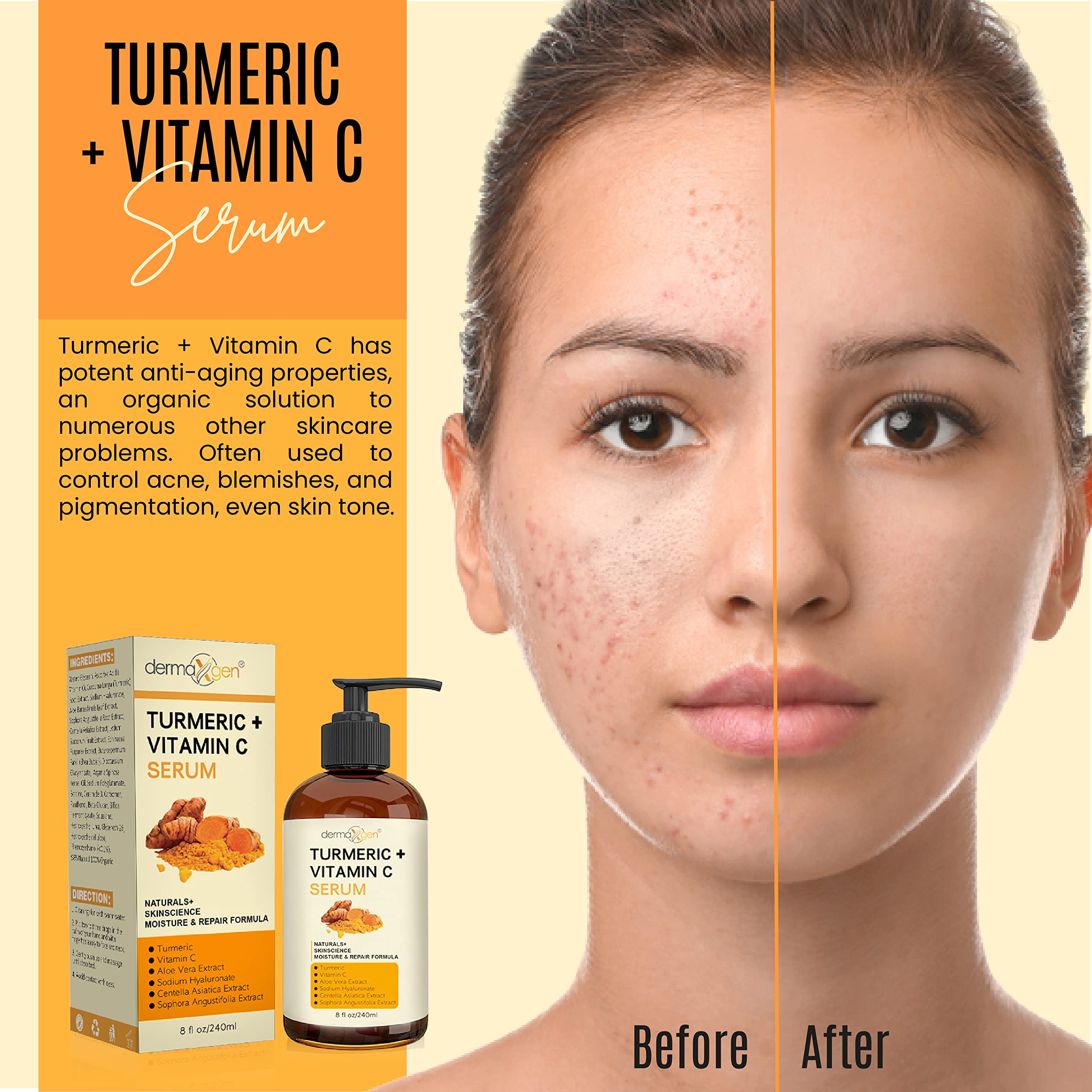 DERMAXGEN turmeric-vitamin-c-blend targets age spots and dullness with antioxidants.