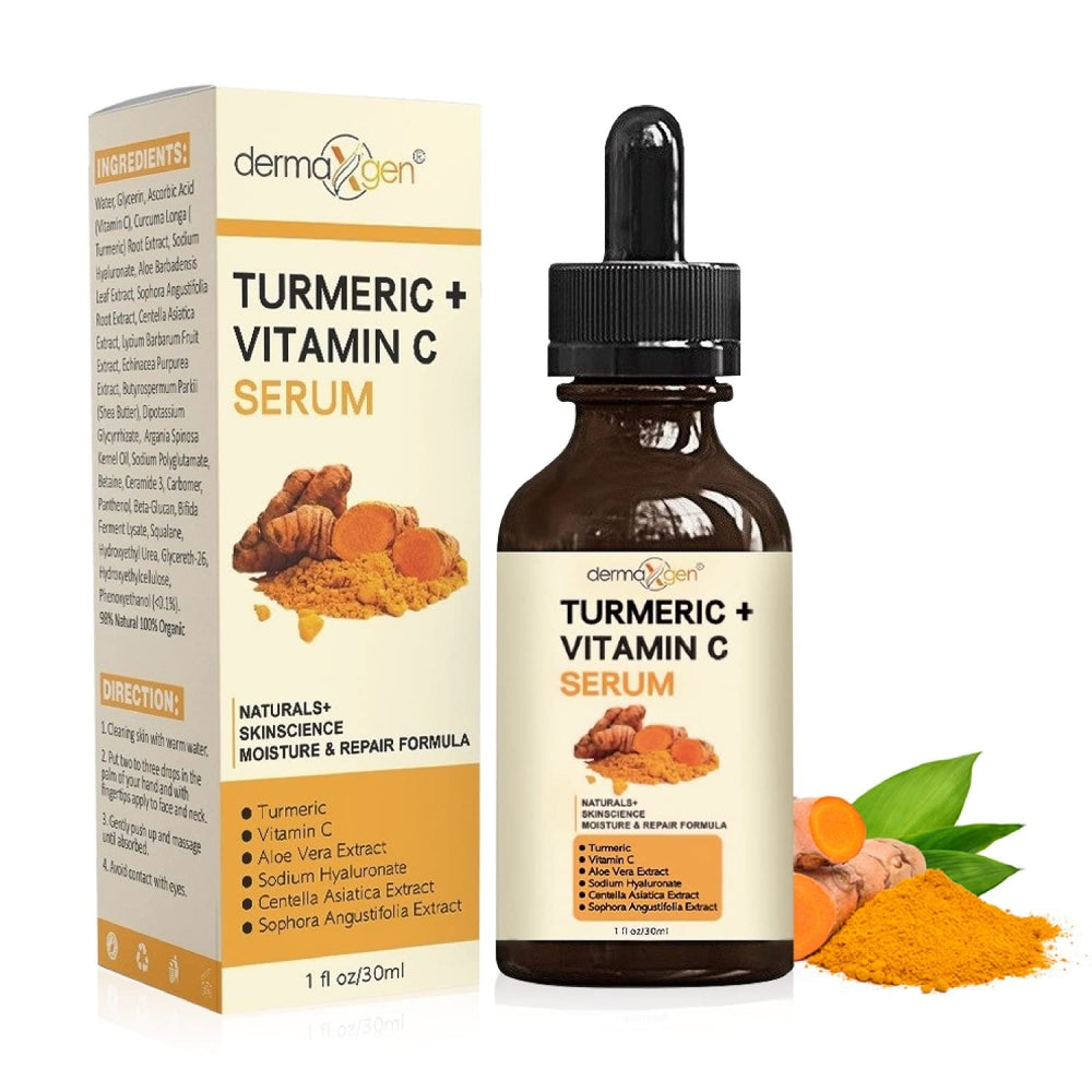 DERMAXGEN Turmeric Vitamin C Serum bottle shows a radiant, hydrated skin ready to glow.