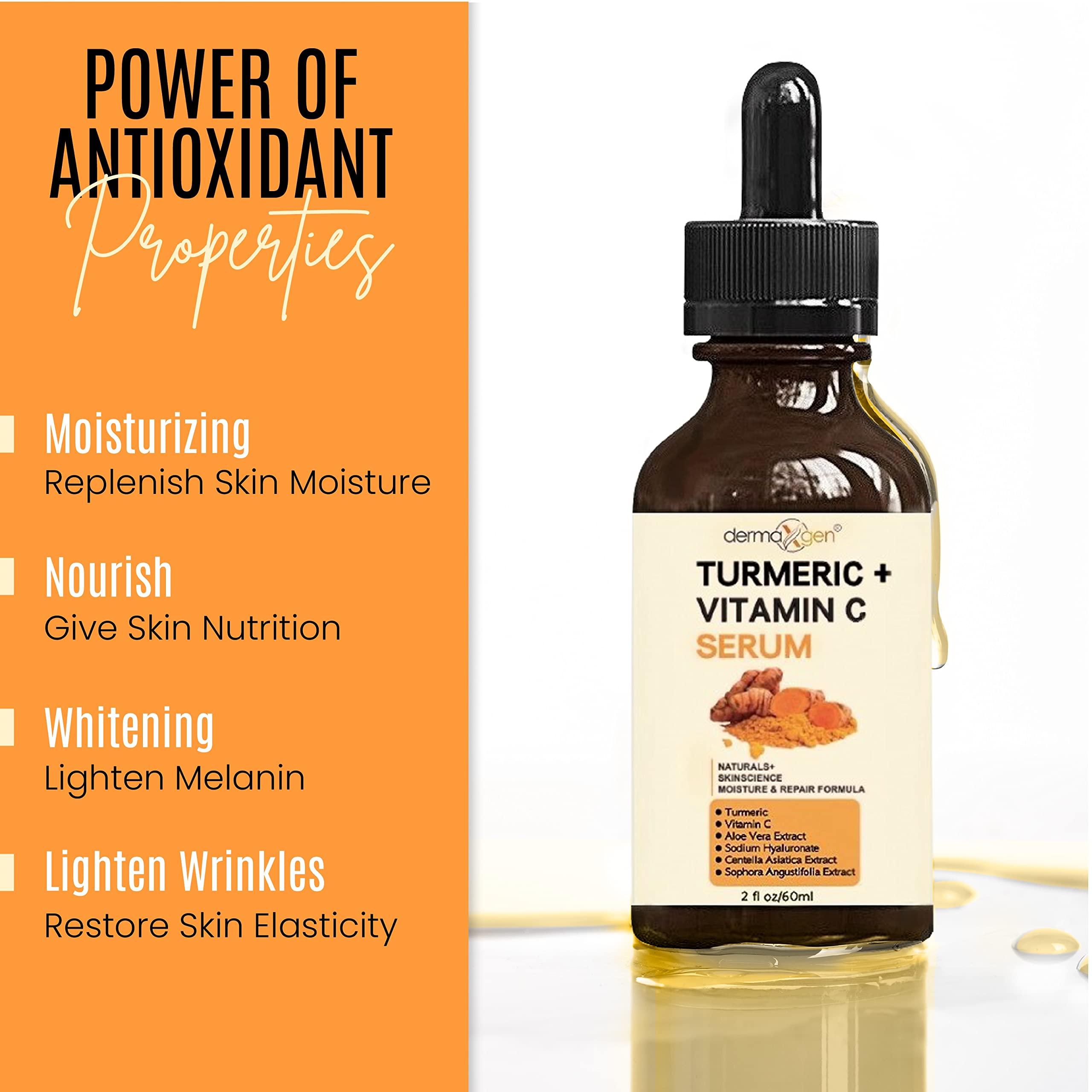 DERMAXGEN Vitamin C serum bottle highlighting brighter skin potential.