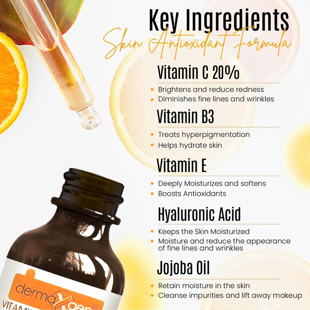 DERMAXGEN Vitamin C Serum ingredients panel with hyaluronic acid and vitamin E.