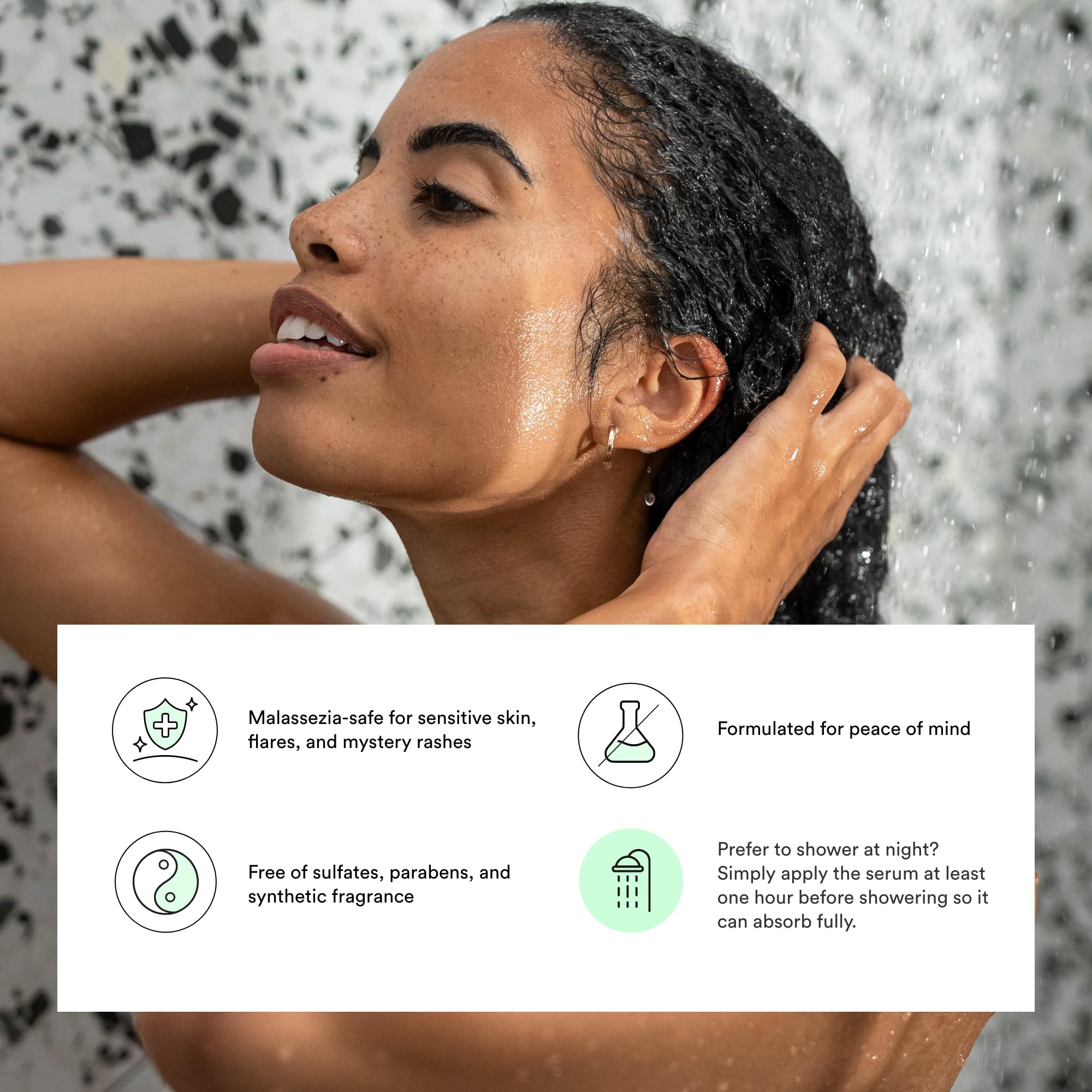 Dermazen shampoo being poured shows oil-free, refreshing cleanse.