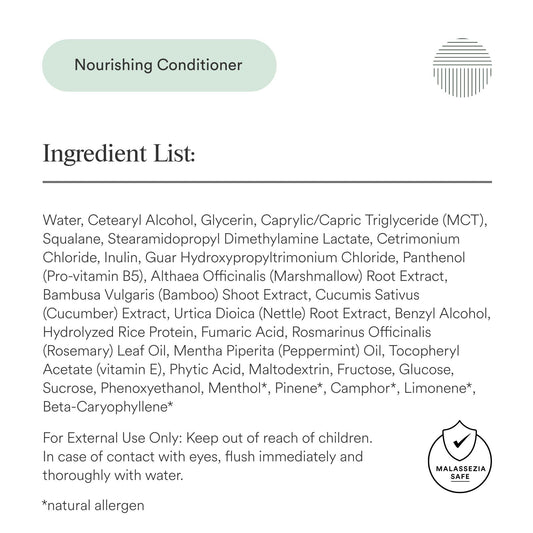 Dermazen Nourishing Conditioner label close-up highlighting natural ingredients for scalp vitality.