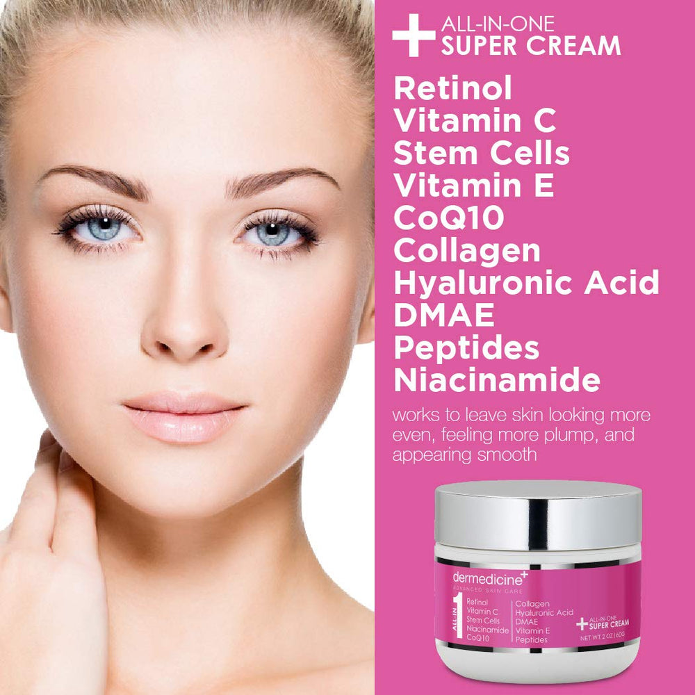 Dermedicine All-In-One Anti-Aging Cream pump bottle highlighting hydration from hyaluronic acid