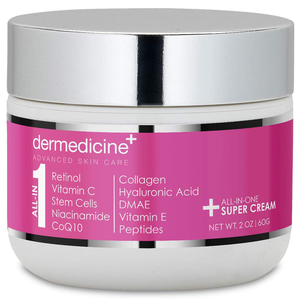 Dermedicine All-In-One Anti-Aging Cream bottle showing retinol glow benefits for smoother skin