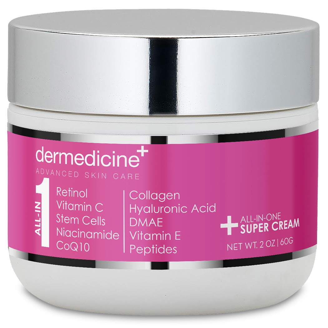 Dermedicine All-In-One Anti-Aging Cream bottle showing retinol glow benefits for smoother skin