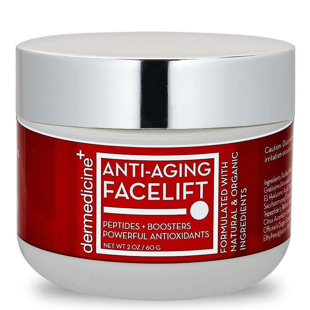 Dermedicine natural anti-aging facelift cream bottle shows a premium moisturizer for a hydrated glow.