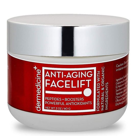 Dermedicine natural anti-aging facelift cream bottle shows a premium moisturizer for a hydrated glow.