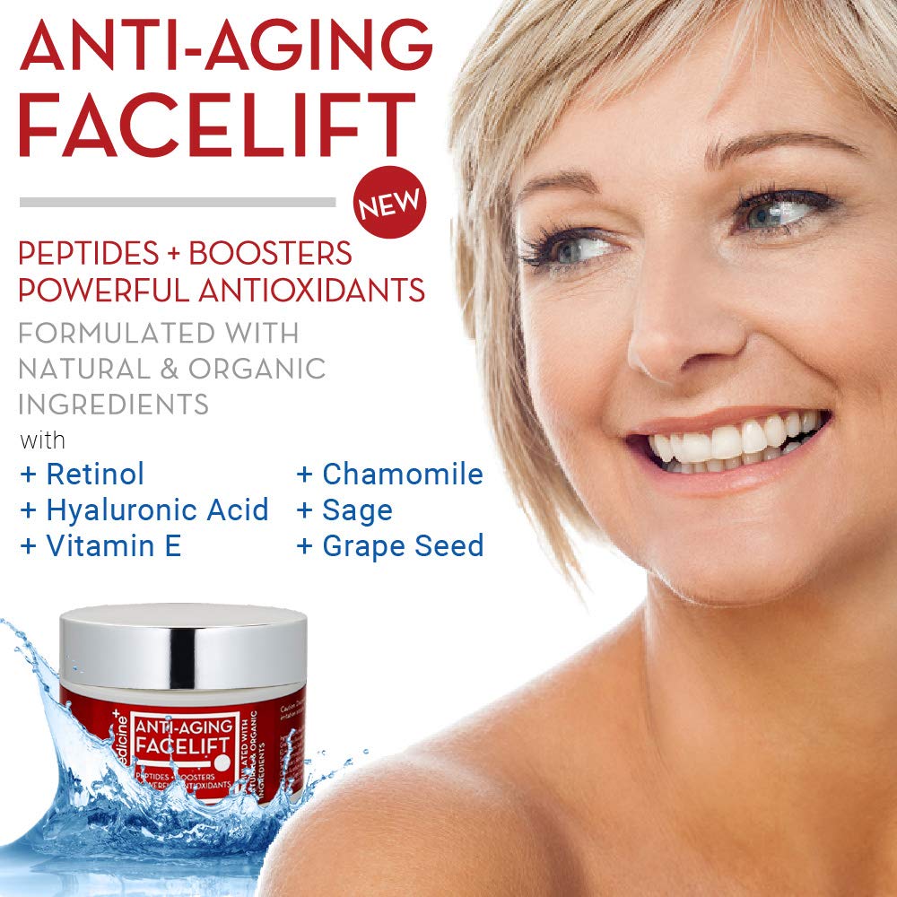 Dermedicine formula close-up highlights retinol, peptides, and hyaluronic acid ingredients.