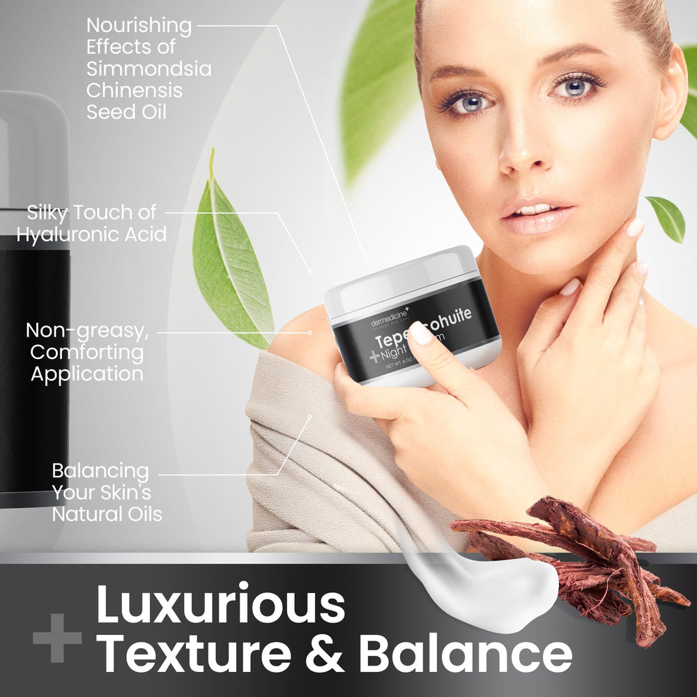 Dermedicine Tepezcohuite night-cream jar invites an evening skincare ritual.