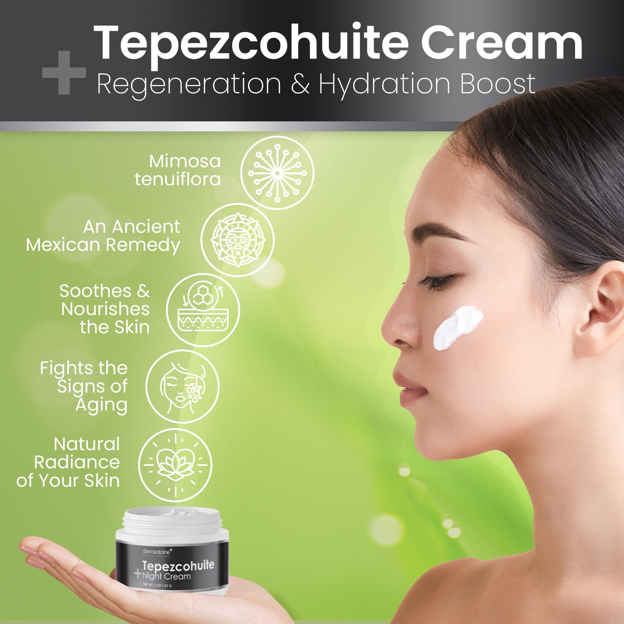 Dermedicine Tepezcohuite cream label close-up highlights Mexican origins and quality.