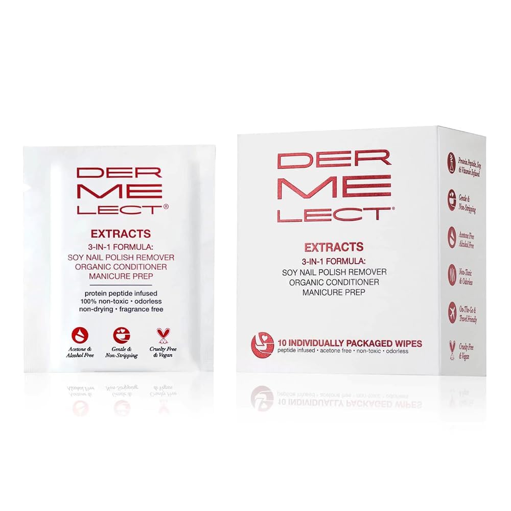 Dermelect Extracts 10-pack wipes displayed for on-the-go manicure convenience