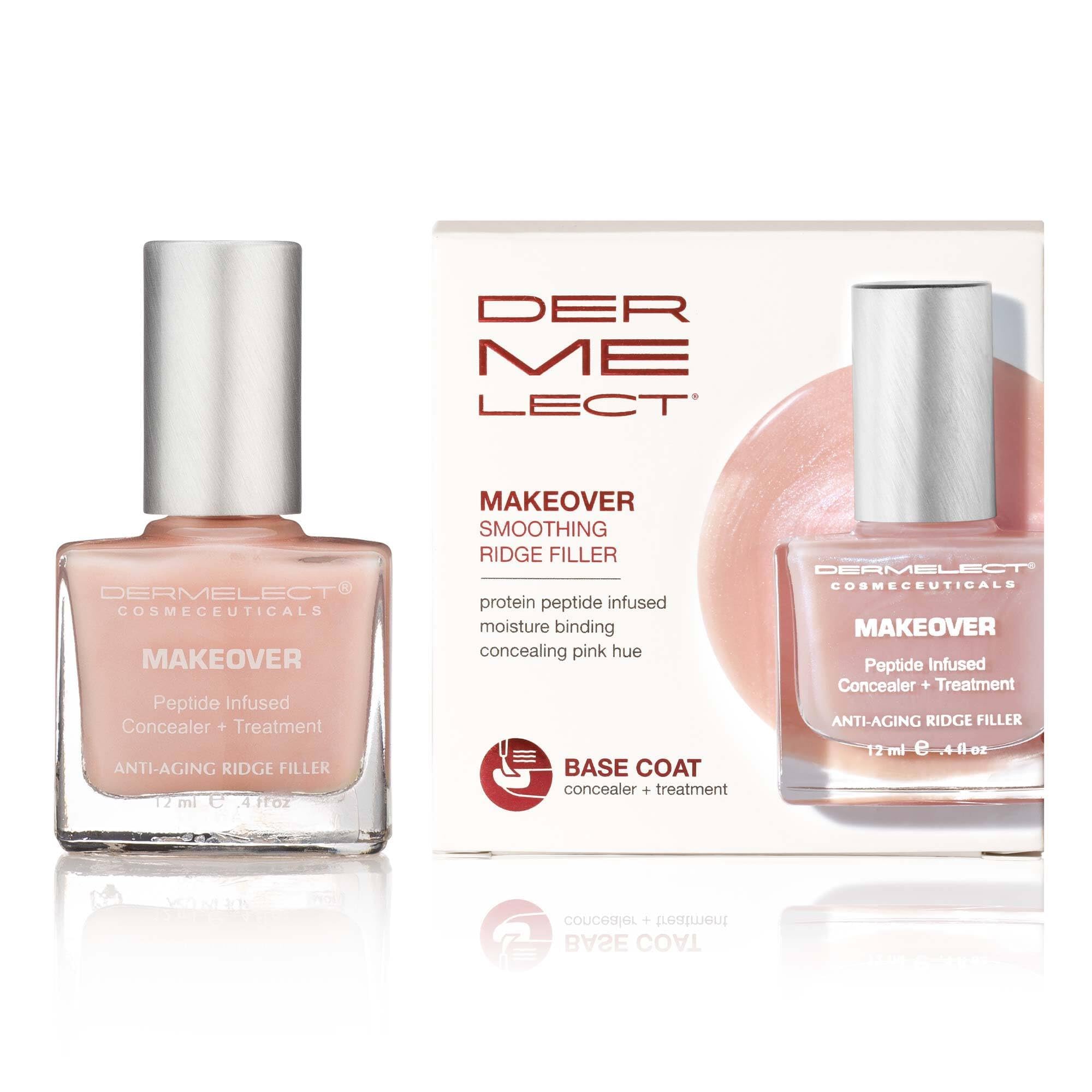 Dermelect Makeover Ridge Filler base coat bottle shows nourishing formula for stronger, more flexible nails.