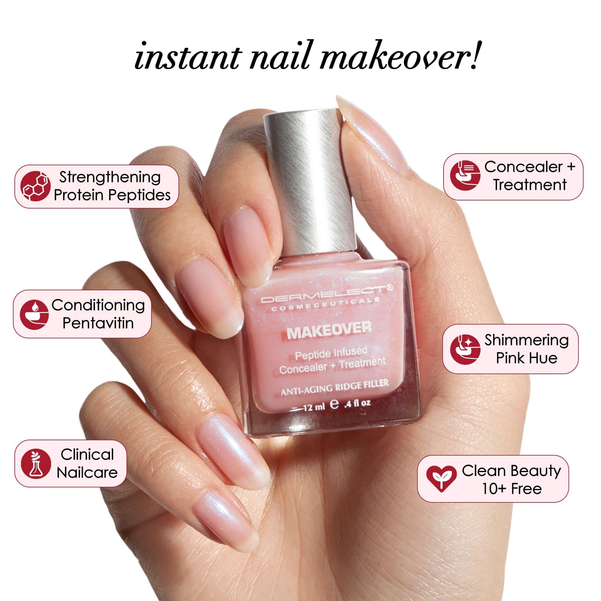Dermelect Makeover Ridge Filler base coat shimmering pink camouflages ridges and imperfections.