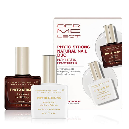 Dermelect Phyto Strong base coat bottle provides nail hardening support for chipped protection