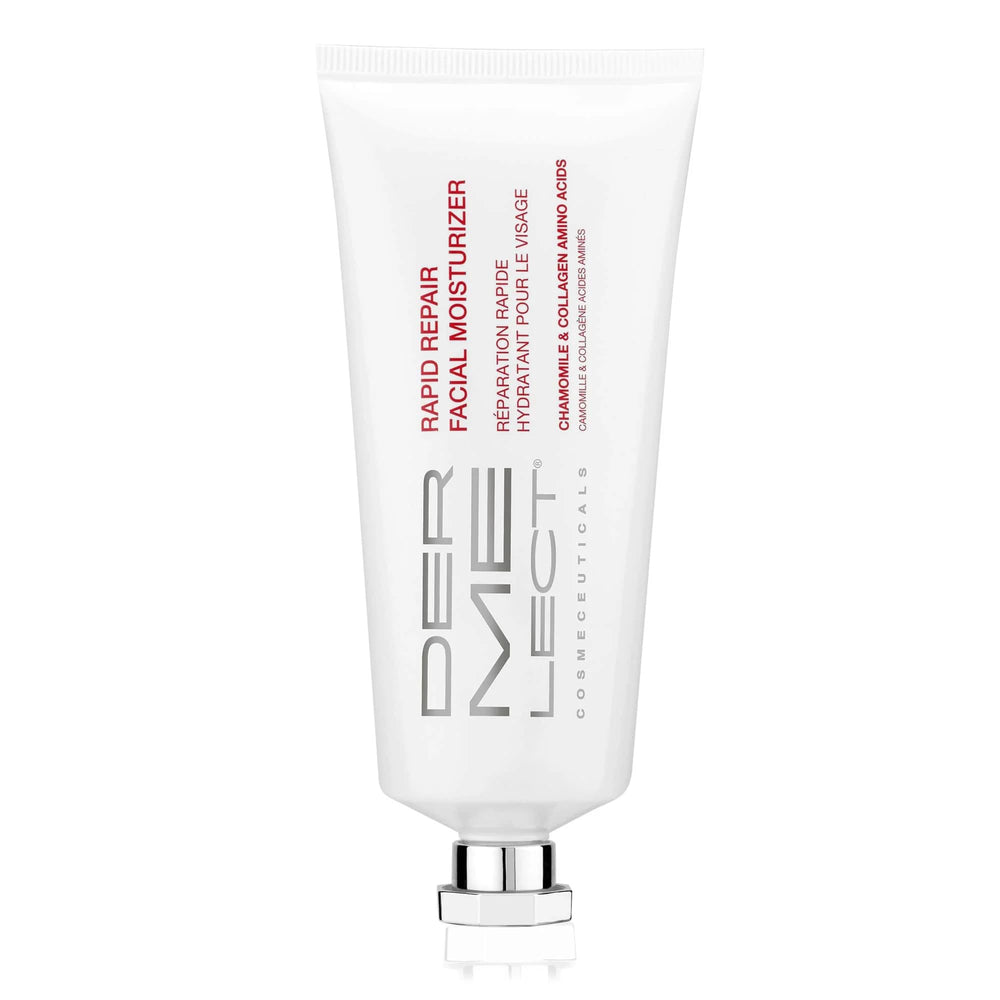 Dermelect Rapid Repair moisturizer packaging closeup highlights soothing chamomile and azulene.