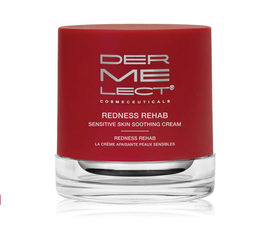 Dermelect Redness Rehab cream tube provides soothing hydration for sensitive skin.