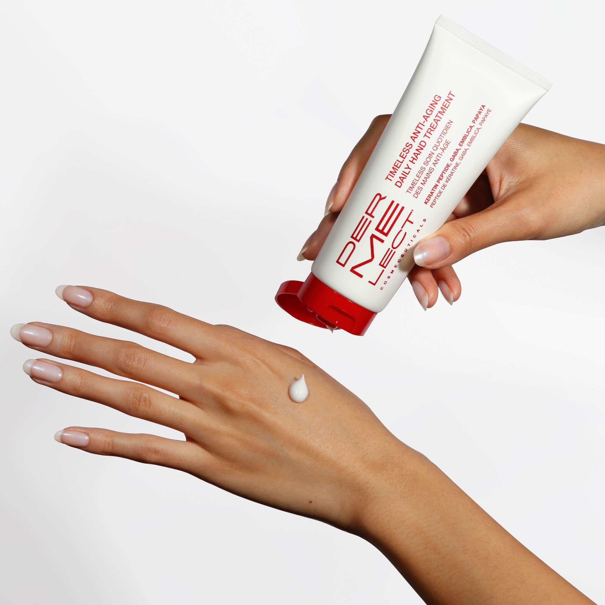Dermelect Timeless cream texture close-up highlights a silky, absorbed finish for quick daily use.