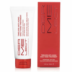 Dermelect Timeless Hand Treatment bottle front shows a hydrating, non-greasy formula for dry hands