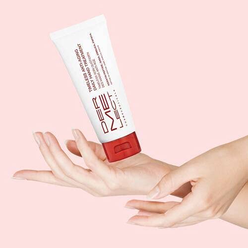 Dermelect Timeless Hand Treatment brightness contrast illustrates a more even-toned look