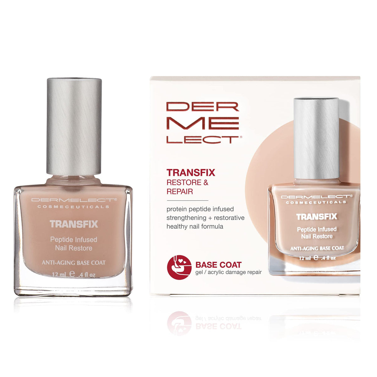 Dermelect Transfix basecoat provides sheer nude coverage to conceal imperfections.