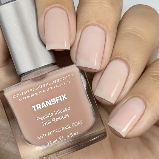 Dermelect Transfix basecoat strengthens nails damaged by acrylics and gels.