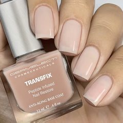 Dermelect Transfix basecoat strengthens nails damaged by acrylics and gels.