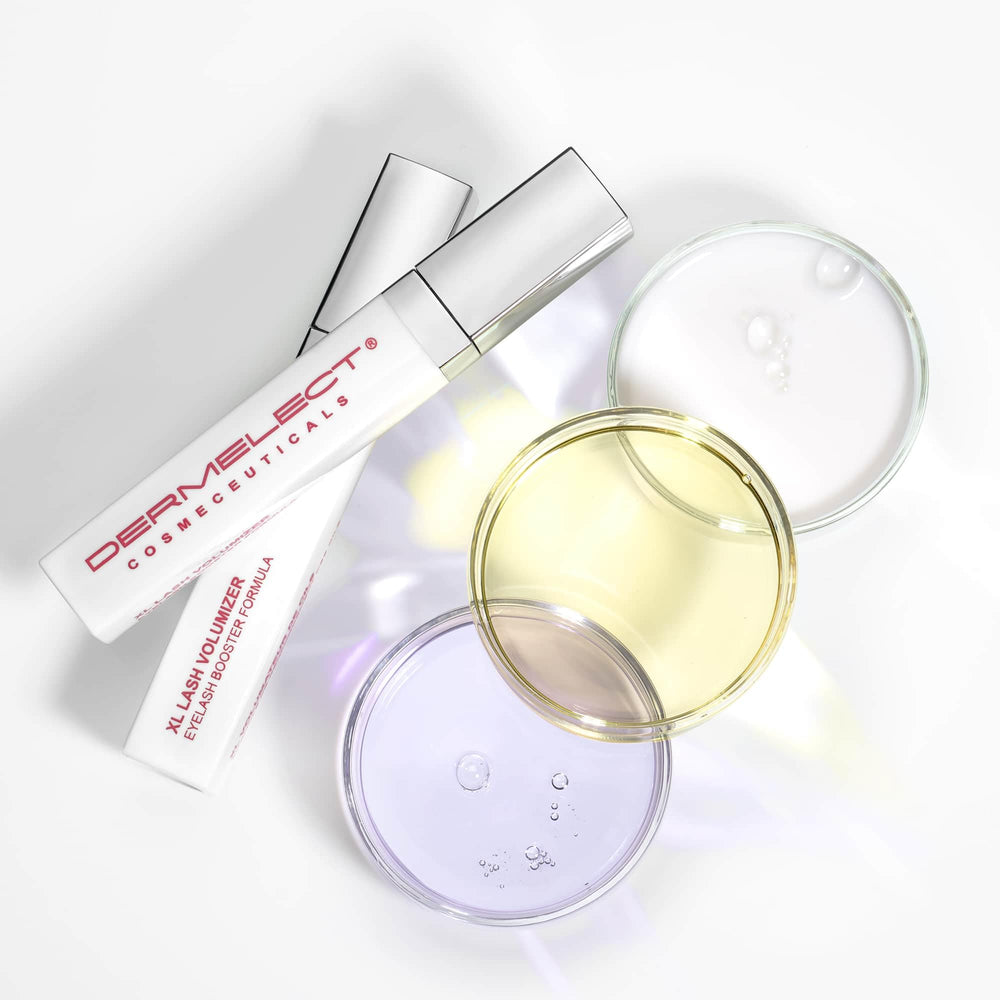 Dermelect XL Lash Volumizer bottle emphasizes peptide-rich formula for strength
