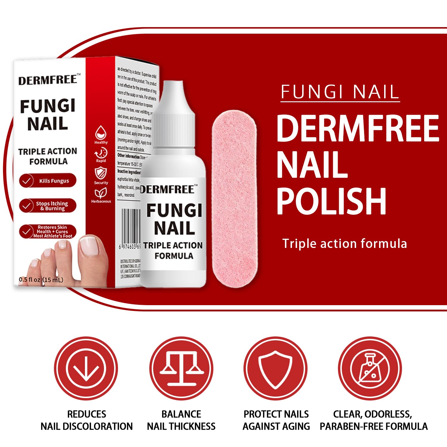 DERMFREE Gentle nail care close-up applying product on nail surface.