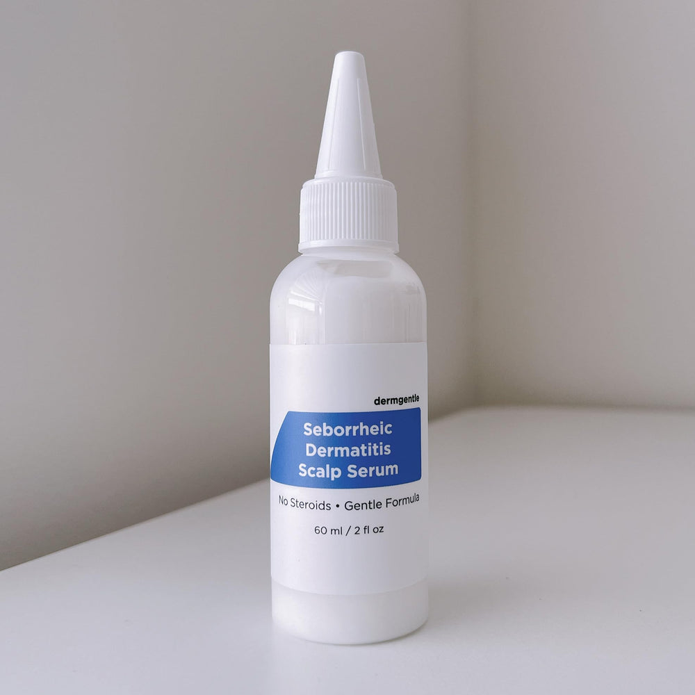 Dermgentle Seborrheic Scalp Serum bottle eases redness and irritation.