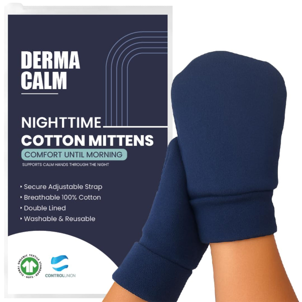 DermaCalm organic cotton eczema gloves Navy in packaging highlighting reusable design