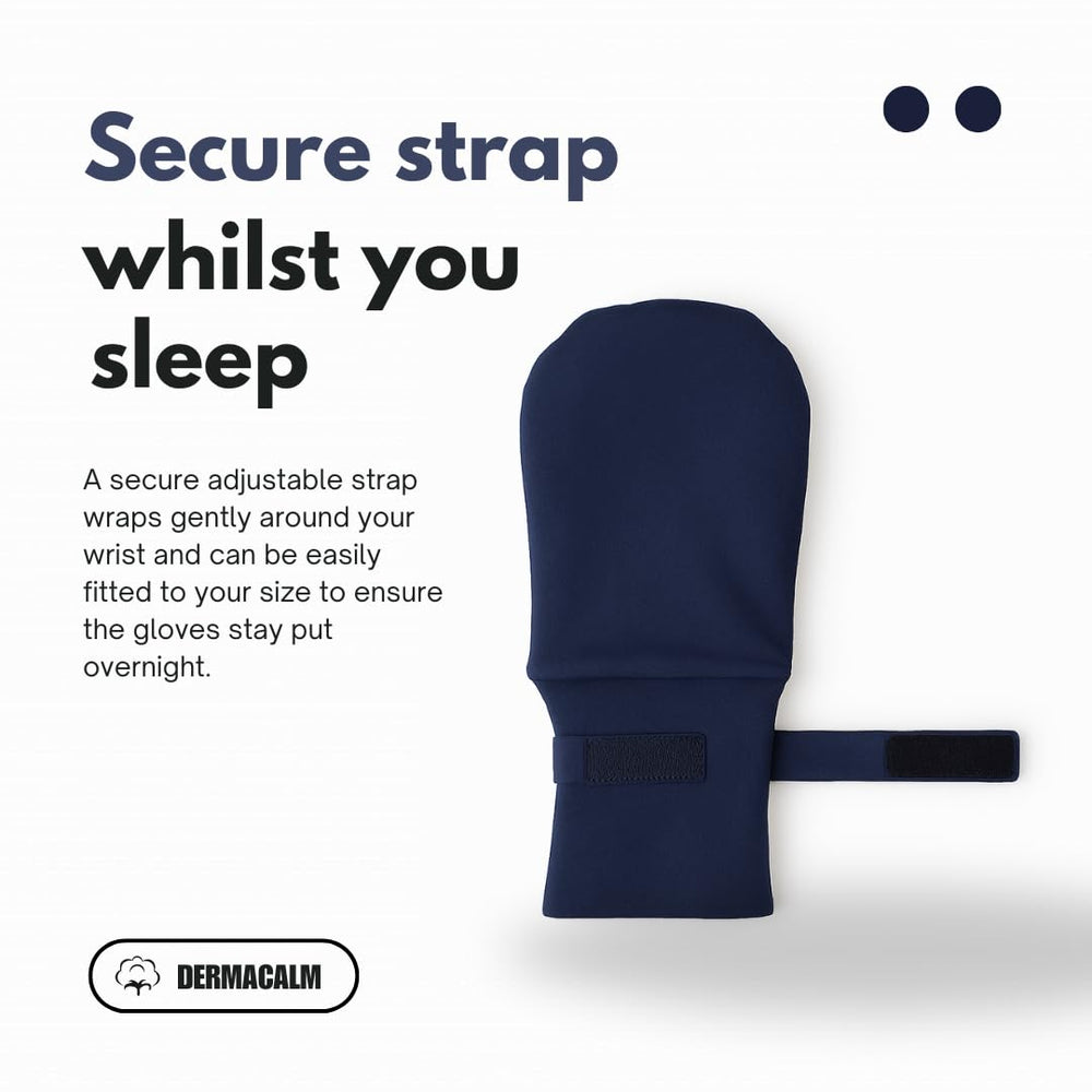 DermaCalm eczema gloves Navy worn, showcasing comfortable night wear