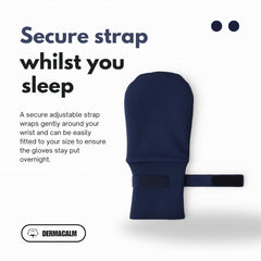 DermaCalm eczema gloves Navy worn, showcasing comfortable night wear