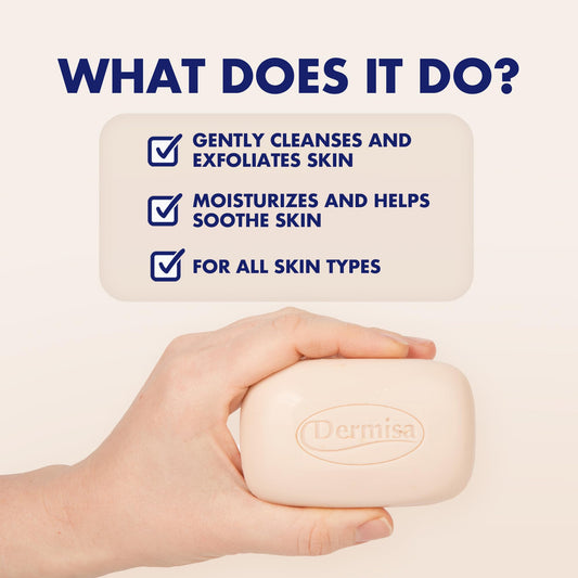 Dermisa exfoliating oatmeal bar soap slice demonstrates gentle exfoliation for sensitive skin