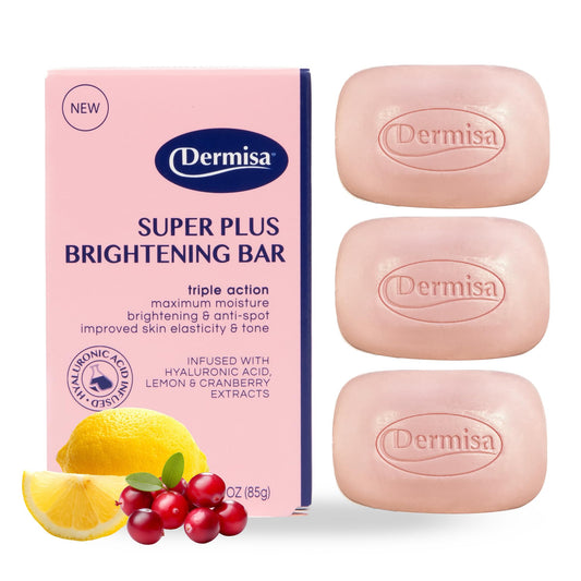Dermisa Super Plus Brightening Bar pack shot highlights the brightening formula for daily cleansing.
