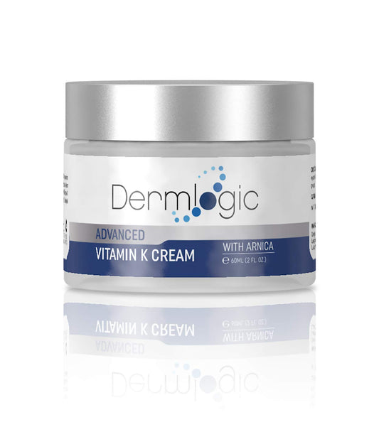 Dermlogic Vitamin K Cream bottle pouring, soothing bruises and supporting microcirculation.
