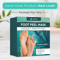 DERMORA Foot Peel Mask worn on feet for soft, exfoliated skin.