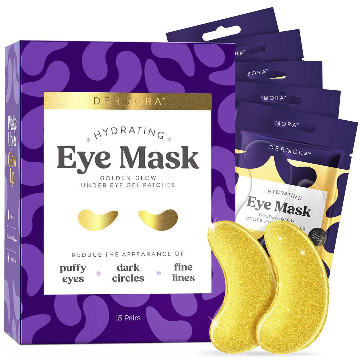 Dermora Golden Glow patches pack for portable travel refresh under the eyes.