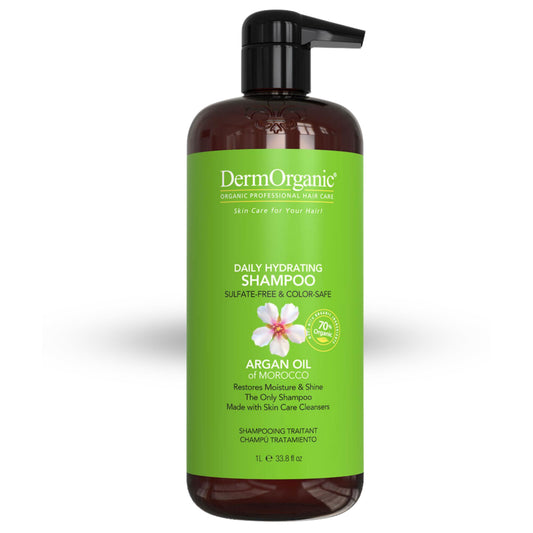 DermOrganic Daily Hydrating Shampoo bottle with creamy lather that nourishes and restores elasticity