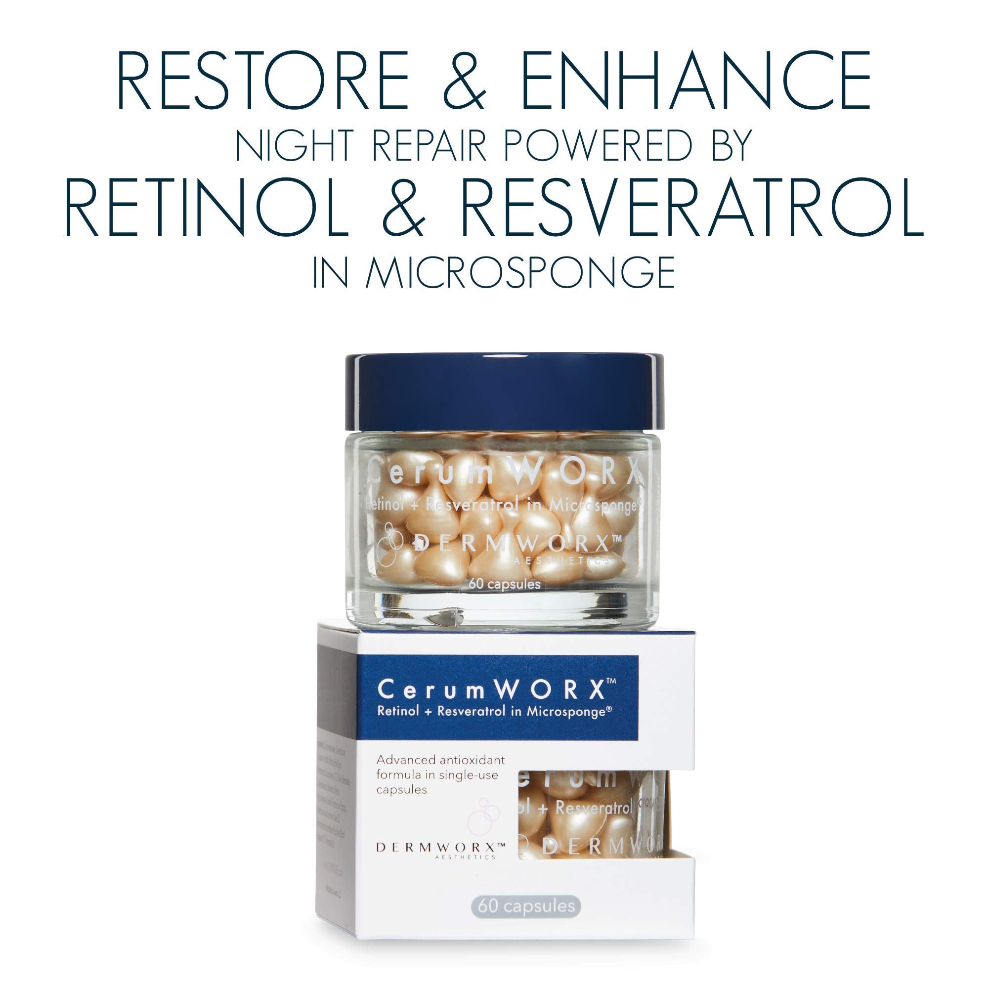 DermWORX CerumWORX night serum capsules, biodegradable packaging preserving potency.