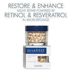 DermWORX CerumWORX night serum capsules, biodegradable packaging preserving potency.
