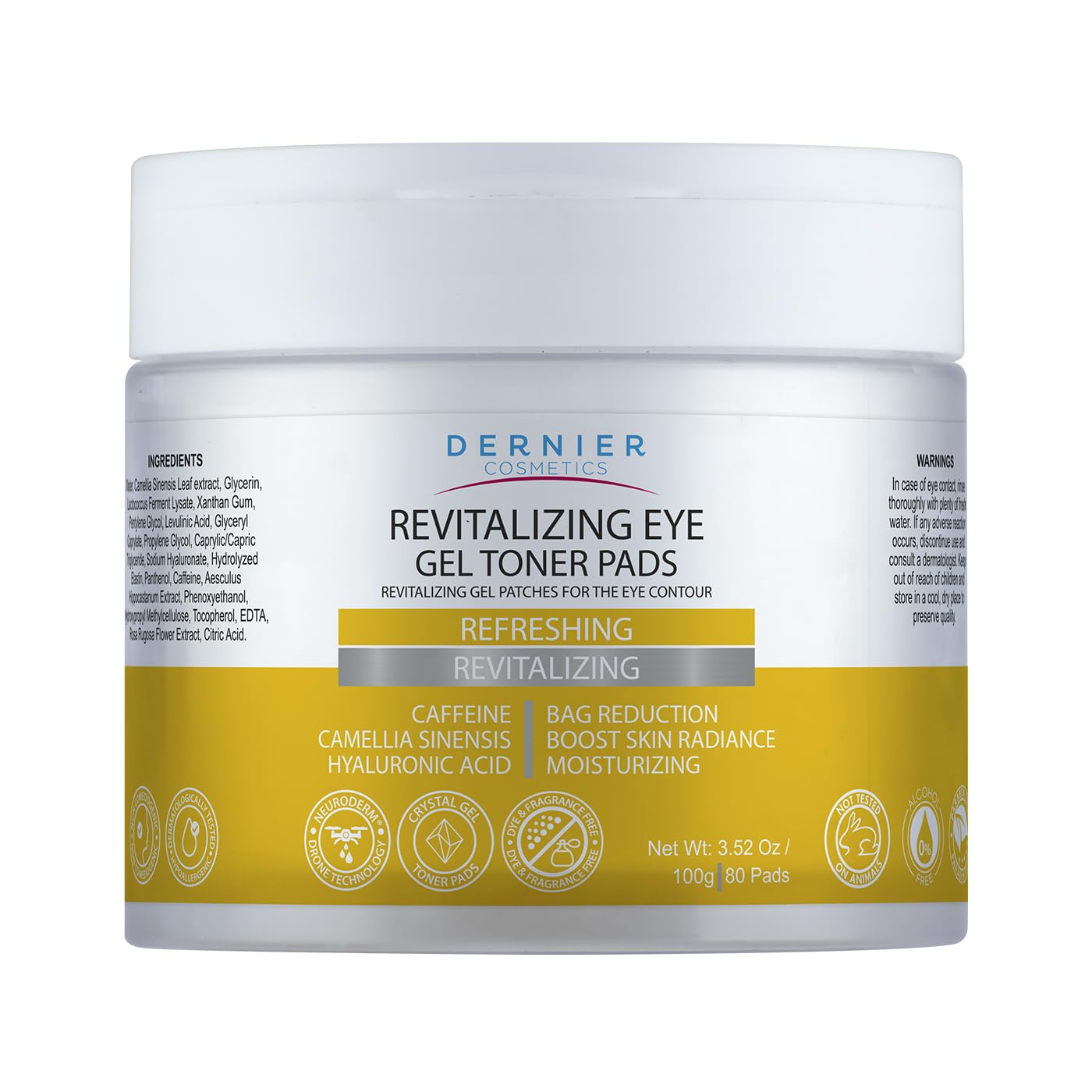 Dernier Under Eye Patches close-up showing caffeine and HA for refreshed under-eye skin.