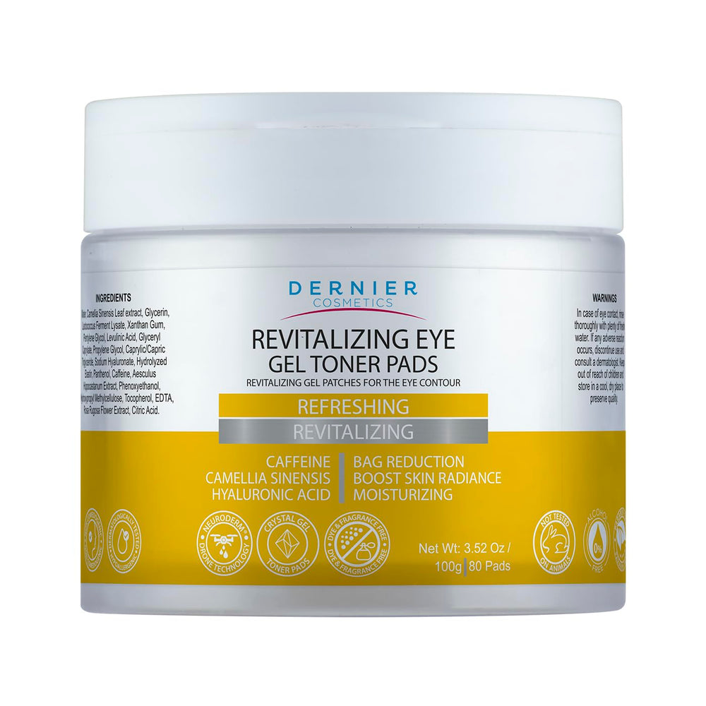 Dernier Under Eye Patches close-up showing caffeine and HA for refreshed under-eye skin.