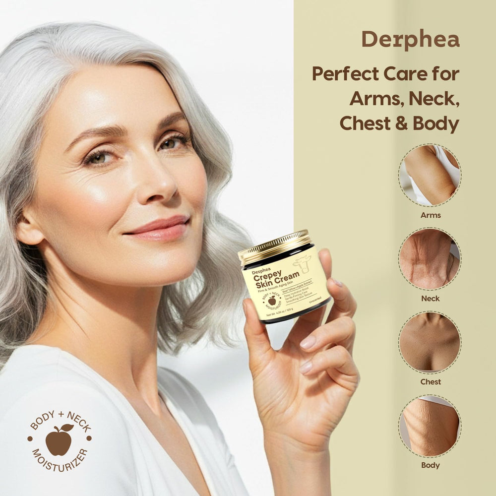 DERPHEA Crepey Repair Cream packaging highlights beef tallow and apple extract