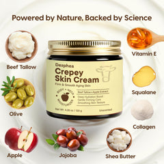 DERPHEA Crepey Repair Cream jar beside smooth arm and neck area