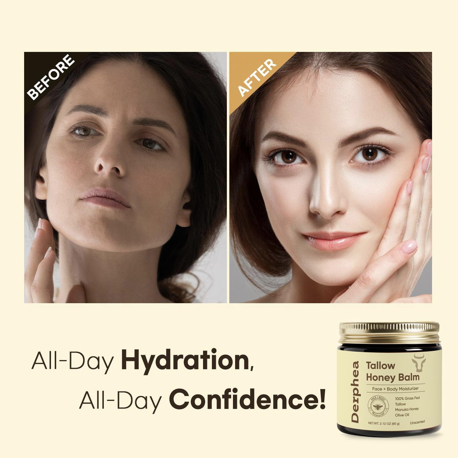DERPHEA formula highlights tallow honey and olive oil for nourishing moisture