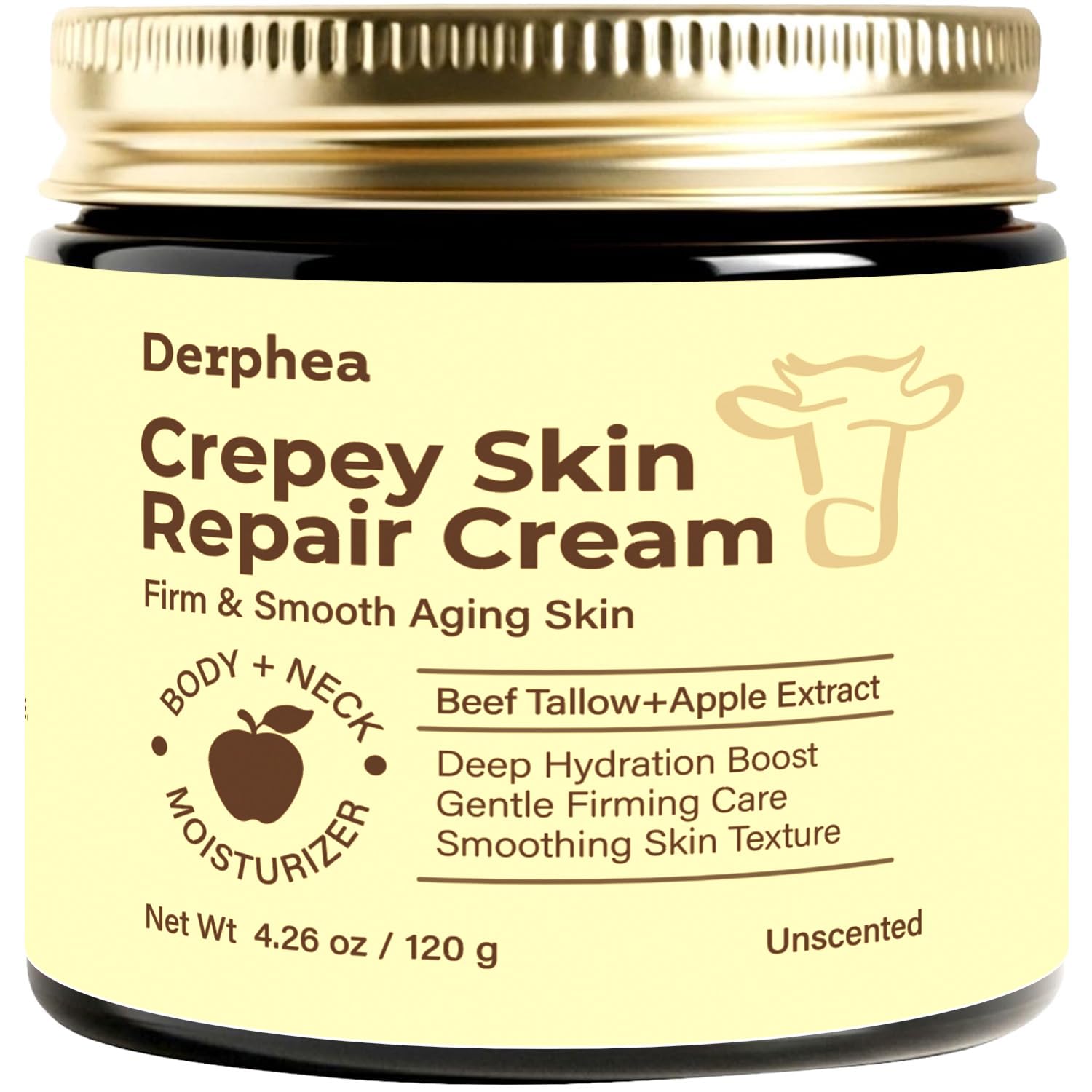 DERPHEA crepey skin repair cream tube smooths texture for daily care.